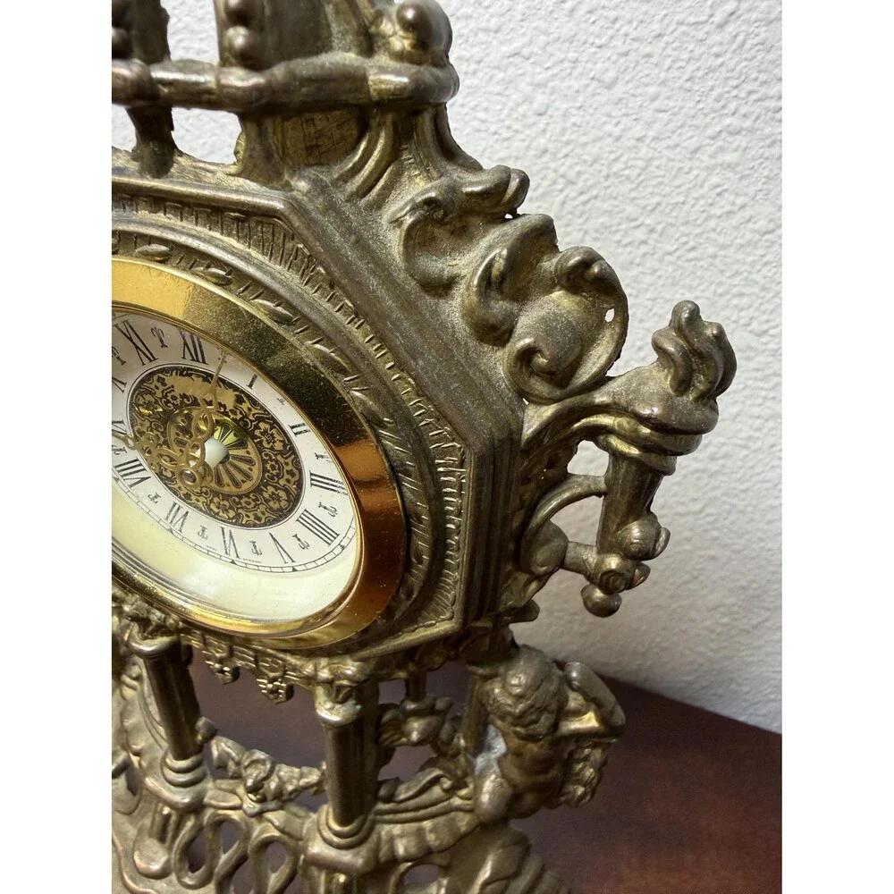 Vintage Brass Table Clock | Baroque Gothic Revival Mantel Clock